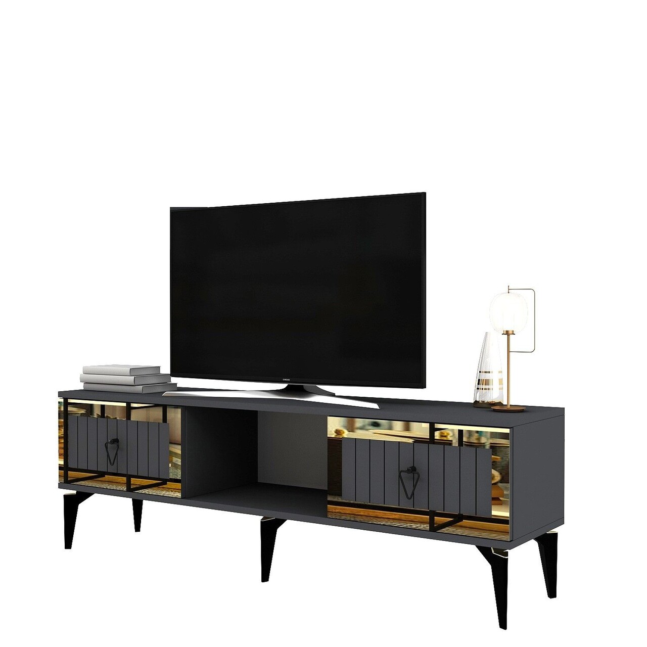 Comoda TV, Hanah Home, Linda, 150x44.6x29.6 cm, Antracit / Aur - imagine 6